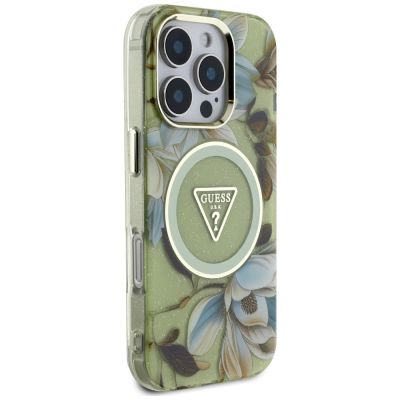 4. Guess Glitter Flowers Triangle Buttons MagSafe case for iPhone 16 Pro Max green