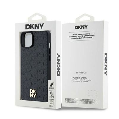 8. DKNY Leather Monogram Pattern Metal Logo MagSafe Case for iPhone 15 Plus / 14 Plus - Black