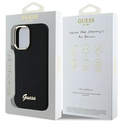 8. Guess Silicone Script Metal Logo & Frame Case for iPhone 16 - Black