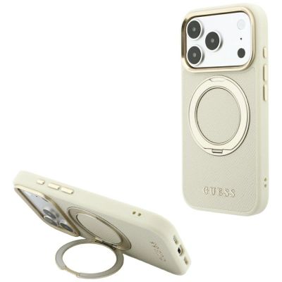 Guess Ring Stand 360 Grained Classic Logo MagSafe Case for iPhone 18 Pro / 17 Pro - Beige