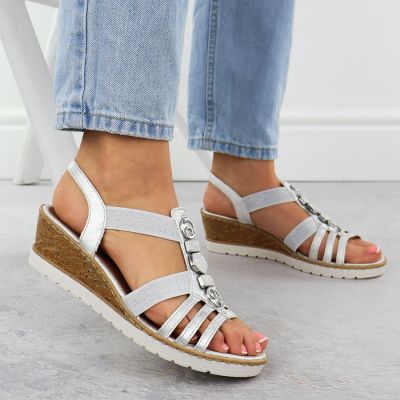 6. Women's wedge sandals with elastic bands silver Remonte R6264-92