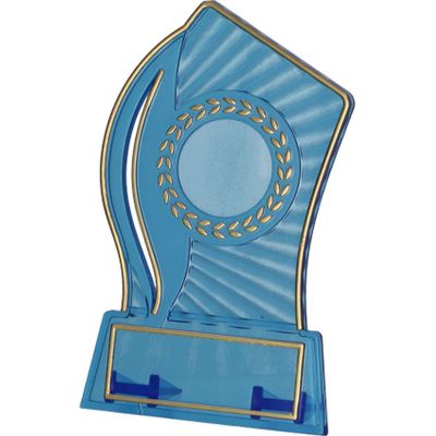 7. Plastic trophy - transparent - gold with space for a 25mm sticker and a 47mmX14mm TM plaque
