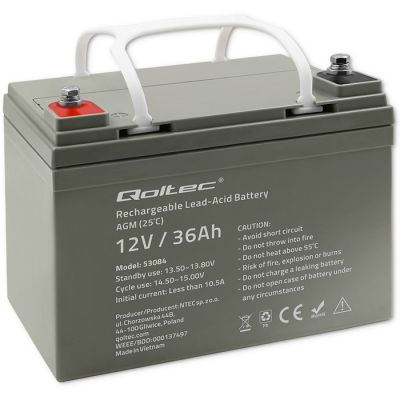 Qoltec AGM Battery | 12V | 36Ah | Maintenance-free | Efficient | LongLife | for UPS, scooter