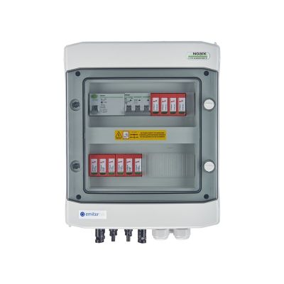DCAC hermetic IP65 EMITER connection switchboard with Dehn 1000V DC surge arrester type 2, 2 x PV string, 2 x MPPT // Dehn AC limiter type 2, 10A 3-F, RCD type A 40A/300mA