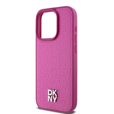 6. DKNY Leather Monogram Pattern Metal Logo MagSafe Case for iPhone 15 Pro - Pink