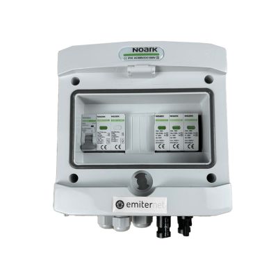 DCAC hermetic IP65 EMITER connection box with DC surge arrester Noark 1000V type 1+2, 1 x PV string, 1 x MPPT // AC limiter Noarktype 1+2, 10A 1-F