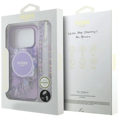 8. Guess IML Flowers Pearl Strap MagSafe Case for iPhone 18 Pro / 17 Pro – purple