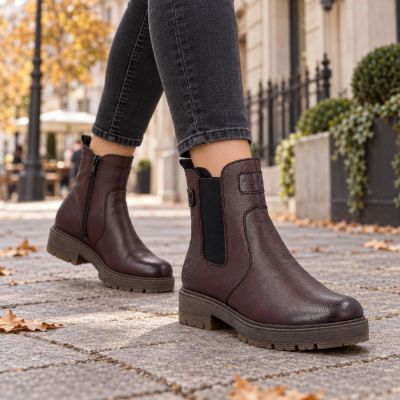 7. Women’s Leather Chelsea Ankle Boots, Insulated, Burgundy Rieker 75860-35