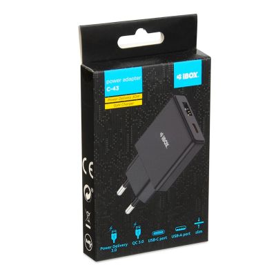 5. IBOX UNIVERSAL CHARGER C-43 GAN PD30W SLIM USB A+C BLACK