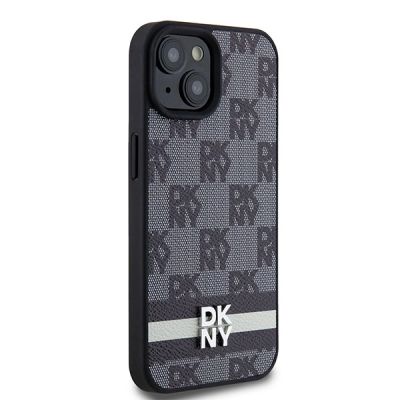 4. DKNY Leather Checkered Mono Pattern & Printed Stripes Case for iPhone 15 Plus / 14 Plus - Black