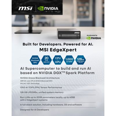 19. MSI AI EdgeXpert MS-C931 ARM Cortex-X925 10Core + ARM Cortex-A725 10Core 128GB LPDDR5x SSD4TB M.2 NVMe NVIDIA GB10 Grace Blackwell Superchip 1000 AI TOPS (FP4, Sparse) WiFi7 10GbE NVIDIA DGX OS