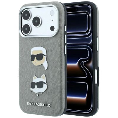 Karl Lagerfeld Saffiano Case with Karl & Choupette Heads Pins & Logo for iPhone 18 Pro Max / 17 Pro Max - Gray
