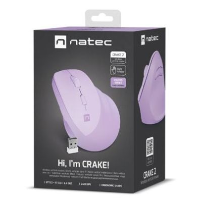 11. NATEC CRAKE 2 VERTICAL MOUSE WIRELESS 2400DPI BLUETOOTH 5.2 + 2.4GHZ PURE LAVENDER