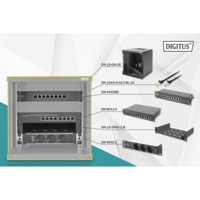8. 10" network kit: 6U wall-mounted cabinet, shelf, power strip, 8-port switch, Cat.6 panel, black