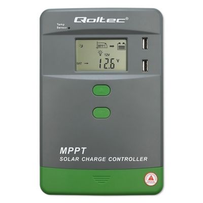 9. Qoltec MPPT Solar Charge Controller with Temperature Sensor 10A | 12V / 24V | LCD | 2 x USB | Bluetooth | APP | GEL | LiFePO4