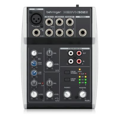 5. Behringer 502S - 5-channel compact analog mixer with USB interface designed specifically for podcasting, streaming and home recording