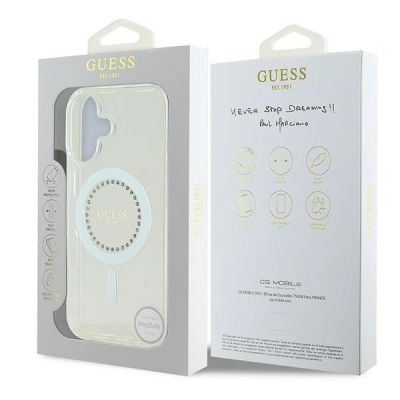 8. Guess IML Rhinestones MagSafe Case for iPhone 16 Plus - White