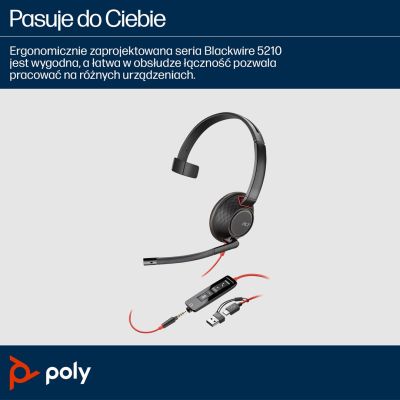 43. POLY Blackwire 5210 Single-Ear USB-C Headset + 3.5mm Plug + USB-C/A Adapter