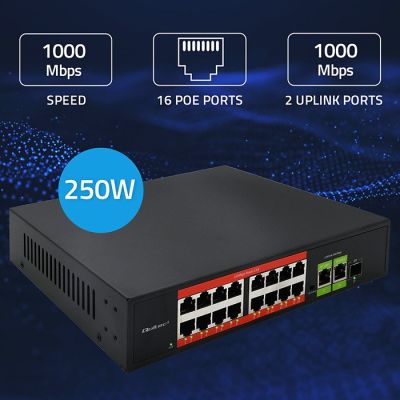 6. Qoltec SWITCH Fast Ethernet PoE Network Switch | 16x RJ45 10/100 Mb/s | 2x RJ45 Uplink 1000 Mb/s | 1x SFP 1000 Mb/s