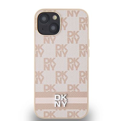 3. DKNY Leather Checkered Mono Pattern & Printed Stripes case for iPhone 15 / 14 / 13 - pink