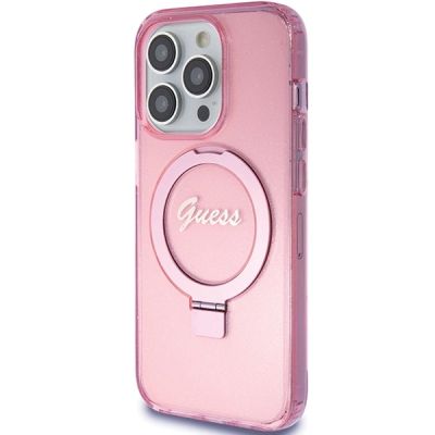 2. Guess Ring Stand Script Glitter MagSafe case for iPhone 15 Pro Max - pink