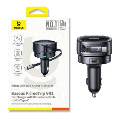 2. Baseus PrimeTrip VR1 60W USB-A USB-C Car Charger with Retractable USB-C Cable - Black
