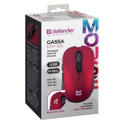 4. DEFENDER WIRELESS MOUSE GASSA MM-105 RF SILENT CLICK RED 52103