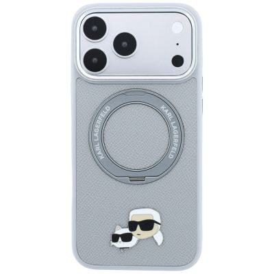 3. Karl Lagerfeld with Ring Stand 360 Karl & Choupette Heads Pin MagSafe Case for iPhone 18 Pro / 17 Pro - Gray