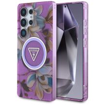 Guess Glitter Flowers Triangle Buttons MagSafe case for Samsung Galaxy S25 Ultra - purple
