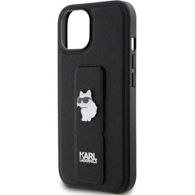6. Karl Lagerfeld Gripstand Saffiano Choupette Pins Case for iPhone 15 Plus / 14 Plus - Black
