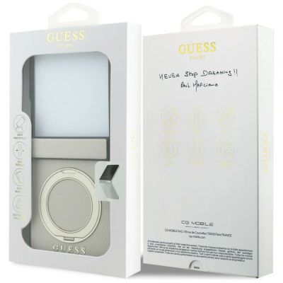 7. Guess Magnetic Ring Stand Grained Classic Logo MagSafe case for Samsung Galaxy Z Flip 8 - beige
