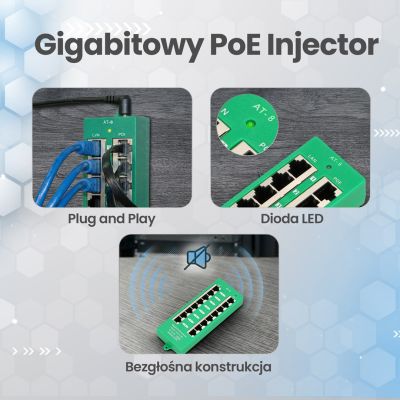 16. Extralink Gigabit PoE Injector 8 Port Active, 8 Gigabit 802.3at/af ports, Mode A