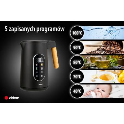 11. ELDOM CORDLESS KETTLE WITH TEMPERATURE REGULATION C550 BLACK 5 STORED PROGRAMS: 40, 70, 80, 90, 100°C (PLASTIC + STAINLESS STEEL)