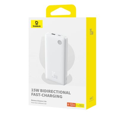 4. Baseus Airpow Lite 10000mAh 15W Power Bank with Baseus Simple USB-A - USB-C 30cm Cable - White