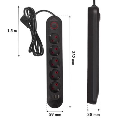 8. MACLEAN POWER STRIP, EXTENSION CORD, 5 OUTLETS + 3XUSB, 110-240V AC 50/60HZ, 2.1A MAX 2500W, 1.5M, BLACK MCE395 B