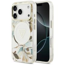 Guess IML Glitter Flowers Triangle MagSafe Case for iPhone 17 Pro / 18 Pro - White