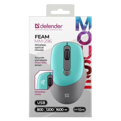 6. Defender Wireless Mouse FEAM MM-296 RF Silent Click Mint 52294
