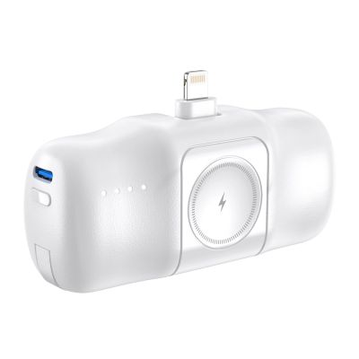 4. Wozinsky WF16-YLS 5000mAh 15W Lightning Mini Power Bank with Built-in USB-C Cable and Apple Watch Charger - White