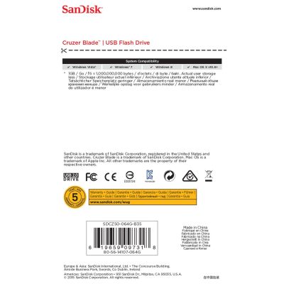 5. SanDisk Cruzer Blade SDCZ50-064G-B35 pendrive (64GB; USB 2.0; black)