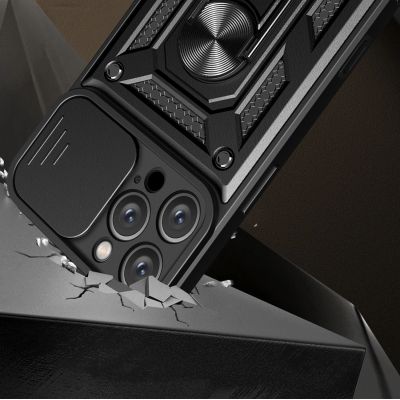 2. Hybrid Armor Camshield iPhone 16 Pro Case with Camera Cover and Stand - Black