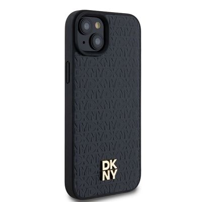 4. DKNY Leather Monogram Pattern Metal Logo MagSafe Case for iPhone 15 Plus / 14 Plus - Black