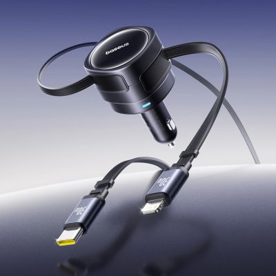 6. Baseus Enjoyment Max 60W Car Charger with Retractable USB-C and Lightning Cables - Black