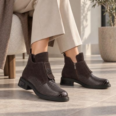 Women’s Leather Ankle Boots, Crocodile Effect, Chocolate Brown Filippo DBT820