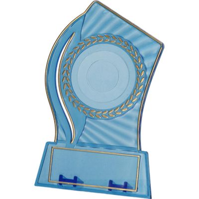 5. Plastic trophy - transparent - gold with space for a 50mm sticker and a 65mmX23mm TM plaque