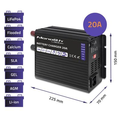 3. Qoltec Intelligent Monolith Charger for LiFePO4 AGM GEL SLA Batteries, 20A, 12V