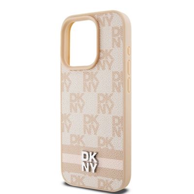 6. DKNY Leather Checkered Mono Pattern & Printed Stripes case for iPhone 15 Pro Max - pink