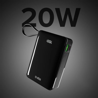 4. Powerbank SBS 20000 mAh 20W with built-in USB-C cable and digital display - black