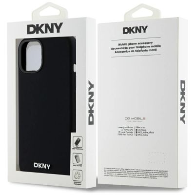 8. DKNY Liquid Silicone Small Metal Logo MagSafe Case for iPhone 14/15/13 - Black