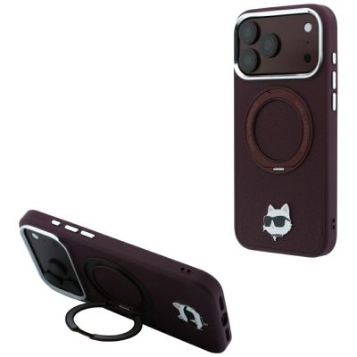 Karl Lagerfeld with Ring Stand 360 Choupette Head Pin MagSafe case for iPhone 18 Pro / 17 Pro - burgundy