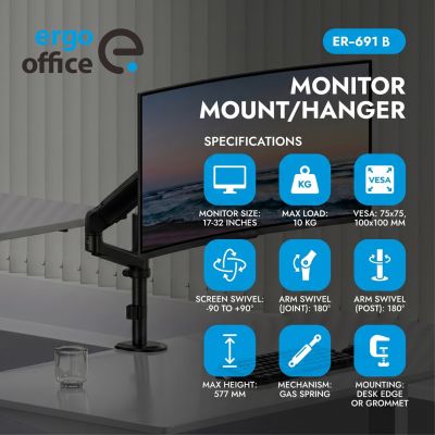 ERGO OFFICE MONITOR HOLDER / HANGER, 17"-32", 1-10KG, MATTE BLACK, MAX. VESA 100X100 ER-691 B